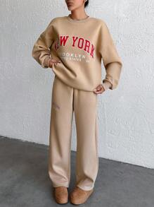 SHEIN Cottnline Cotton Casual, Text Print, Easy To Style, Simple, Daily Wear, Sweatshirt & Sweatpants 2pcs Set - Beige - View 5