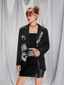 SHEIN Conjunto de 2 Peças - Jaqueta Estampada e Saia Mini de PU Para Adolescentes, Adequado para Uso com Bolsa de Ombro, Mochila, Bolsa Transversal, Boné de Beisebol, Boina, Botas Ankle, Sapatos Casuais, Mary Janes, Óculos de Sol, Fones de Ouvido, Para Comemorações - Preto - Visão 4