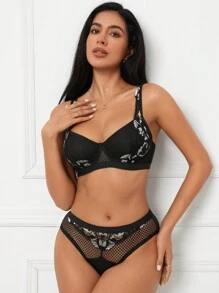 2pcs/Set Women's Lace Patchwork Underwire Bra Set - Black - View 5