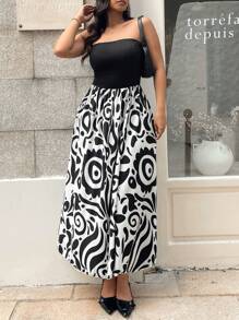 Flirla Plus Size Solid Color Patchwork Dress, Casual Holiday - Black - View 5