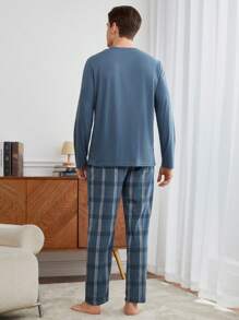 Men 2pcs Set: Crew Neck Long Sleeve Top Top And Plaid Design Fashionable Pants, Casual Pajama Set, Fall Winter Clothes - Baby Blue - View 5