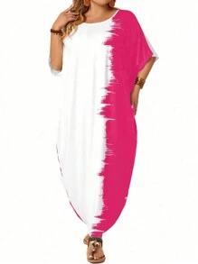 SHEIN LUNE Plus Size Women's Summer Contrast Color Round Neck Batwing Short Sleeve Loose Straight Casual Dress