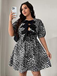 SHEIN EZwear 大码夏季休闲泡泡袖豹纹蝴蝶结腰连衣裙 - 灰色 - 查看 5
