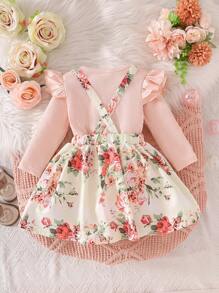 女婴花卉印花长袖信封领短款上衣和吊带裙 2 件套服装（带发圈），春/秋装 - 彩色 - 查看 2