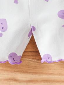 SHEIN 4 件套女宝宝休闲荷叶边袖卡通图案阻燃家居短裤套装，夏季 - 淡紫色 - 查看 3