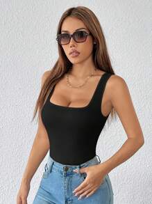SHEIN PETITE Body de un solo color con tirantes anchos, modelo básico de licra - Negro - Ver 4