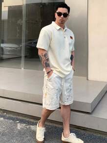 DAZY 男士纯色拼接短袖极简主义Logo T恤，休闲夏季商务装 - 米色 - 查看 3