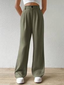 SHEIN EZwear Quần ống đứng thường ngày cho nữ có thắt lưng, thời trang đường phố - màu xanh lá - Xem 3