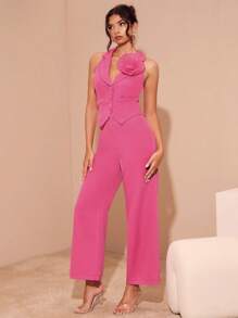 Glamine Áo cổ chữ V không tay cho nữ có thiết kế trang trí hoa 3D và quần ống đứng thường ngày - Hồng - Xem 3