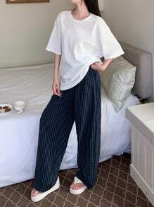 DAZY 2 件套休闲圆领 T 恤和格子裤睡衣套装