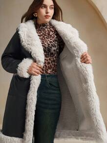 Anewsta Plus Size Women's Fur Trimmed Waist Length Regular Coat - Black - View 8