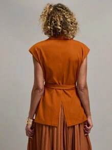 SHEIN Unity 女式秋季纯色翻领单排扣蝙蝠袖西装外套 - 鏽棕色 - 查看 2