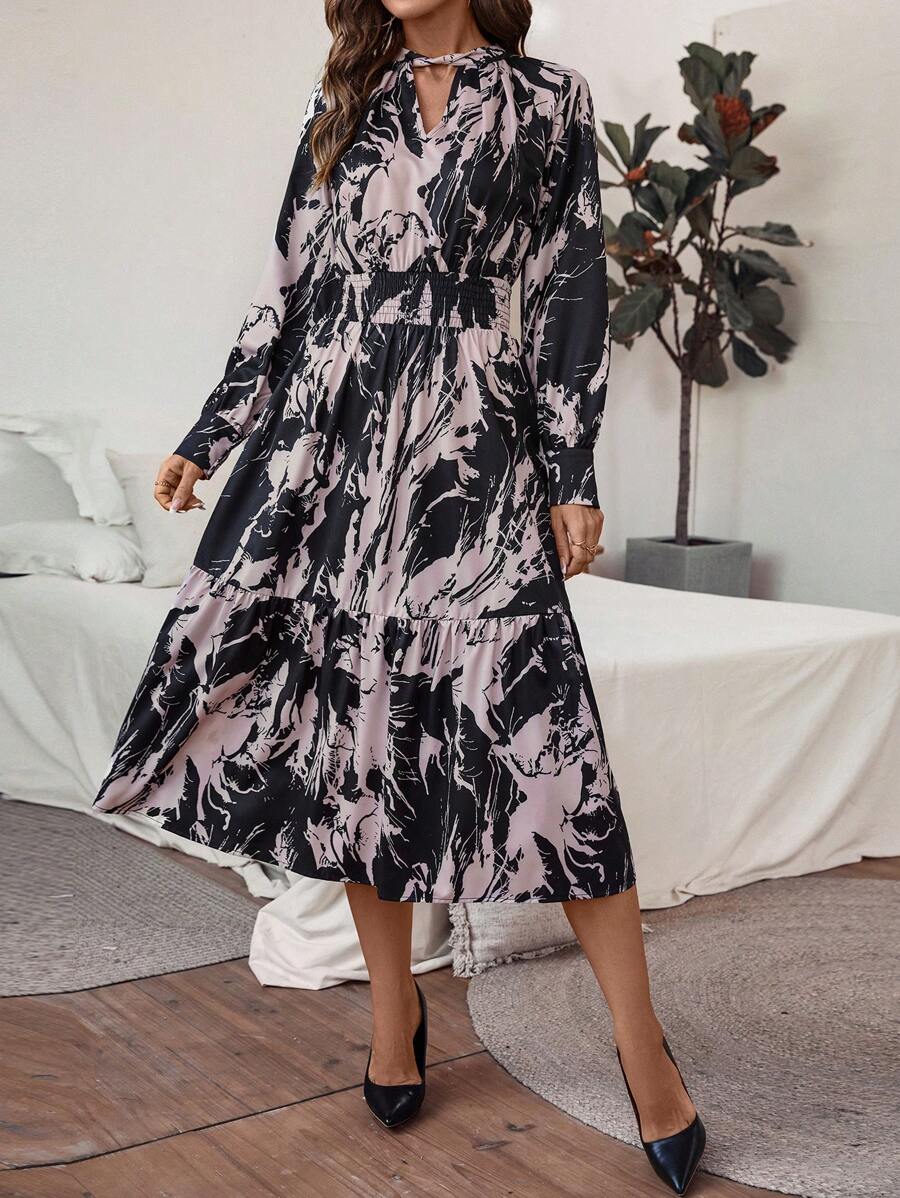 SHEIN Clasi 1pc All-Over Print Long Sleeve Dress With Ruffle Hem Fall Cloth For Women - Multicolor - View 1