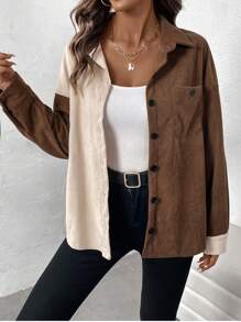 SHEIN LUNE Women's Button-Up Long Sleeve Colorblock Design Fashionable Charming Shirt