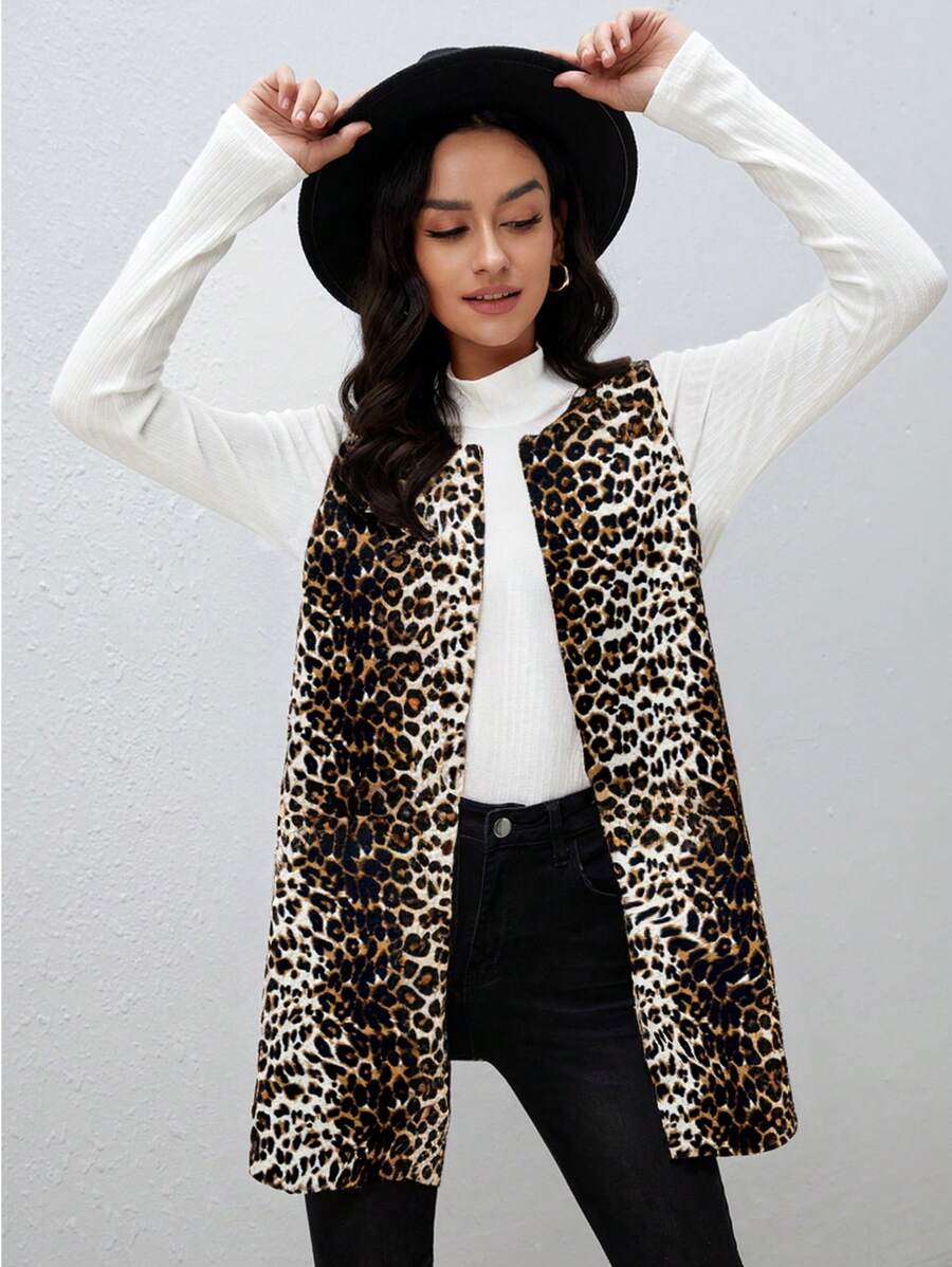 SHEIN Essnce Women Fall  Leopard Print Open Front Vest Coat Print Sleeveless Waistcoat Jacket, Ideal For Work - Multicolor - View 1