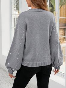 EMERY ROSE 秋冬女士灯笼袖立领串珠毛衣、长袖上衣 - 淺灰色 - 查看 3