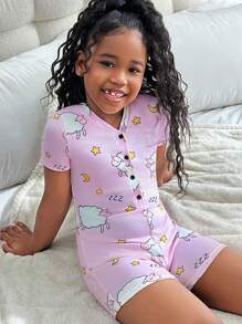 SHEIN Macaquinho Pijama Confortável com Decote V e Meia-Abertura para Meninas Pré-Adolescentes com Estampas Fofas de Ovelha e Estrela - Rosa chiclete - Visão 1