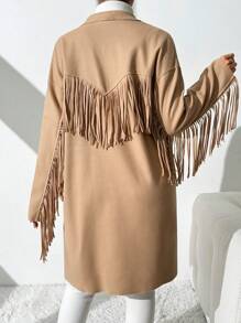 SHEIN Essnce Chaqueta informal de mezcla de lana con flecos para mujer, abrigo de lana natural con flecos crudos para mujer, otoño e invierno - Caqui - Ver 4