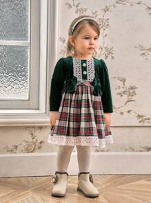 Đầm dài tay kẻ sọc có nơ cho bé gái - Màu xanh lá cây đậm - Xem 5