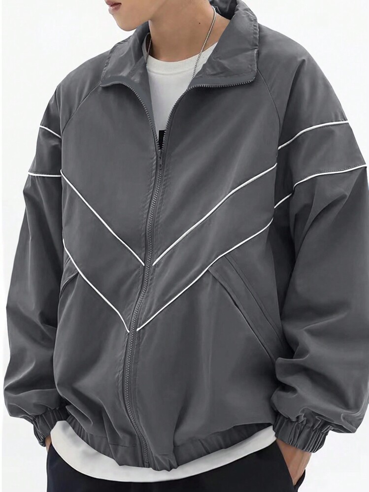 Manfinity Men's Front Zipper Long Sleeve Casual Jacket, For Tennis, For Fall - Grey - View 5