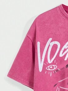 Manfinity EMRG 男士超大街头风格复古做旧涂鸦红眼文字万圣节 + 亡灵节印花洋红色落肩雪洗足球球衣风格 T 恤。 - 玫紅色 - 查看 6