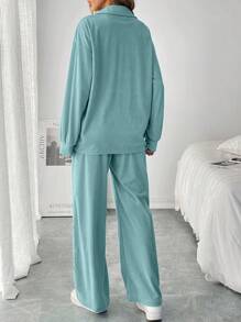 SHEIN LUNE Bộ 2 áo thun dài tay trễ vai trơn và quần ống rộng thường ngày cho nữ, Xuân/Hè - Màu xanh Bạc hà - Xem 2