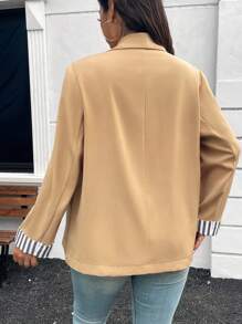 SHEIN Essnce Plus Size Casual Colorblock Striped Loose Blazer Fall/Winter - Khaki - View 2