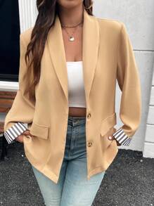 SHEIN Essnce Plus Size Casual Colorblock Striped Loose Blazer Fall/Winter - Khaki - View 7