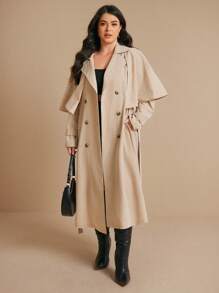 Elaquor Áo khoác dài tay màu trơn thường ngày cỡ lớn cho nữ - Màu Khaki - Xem 3