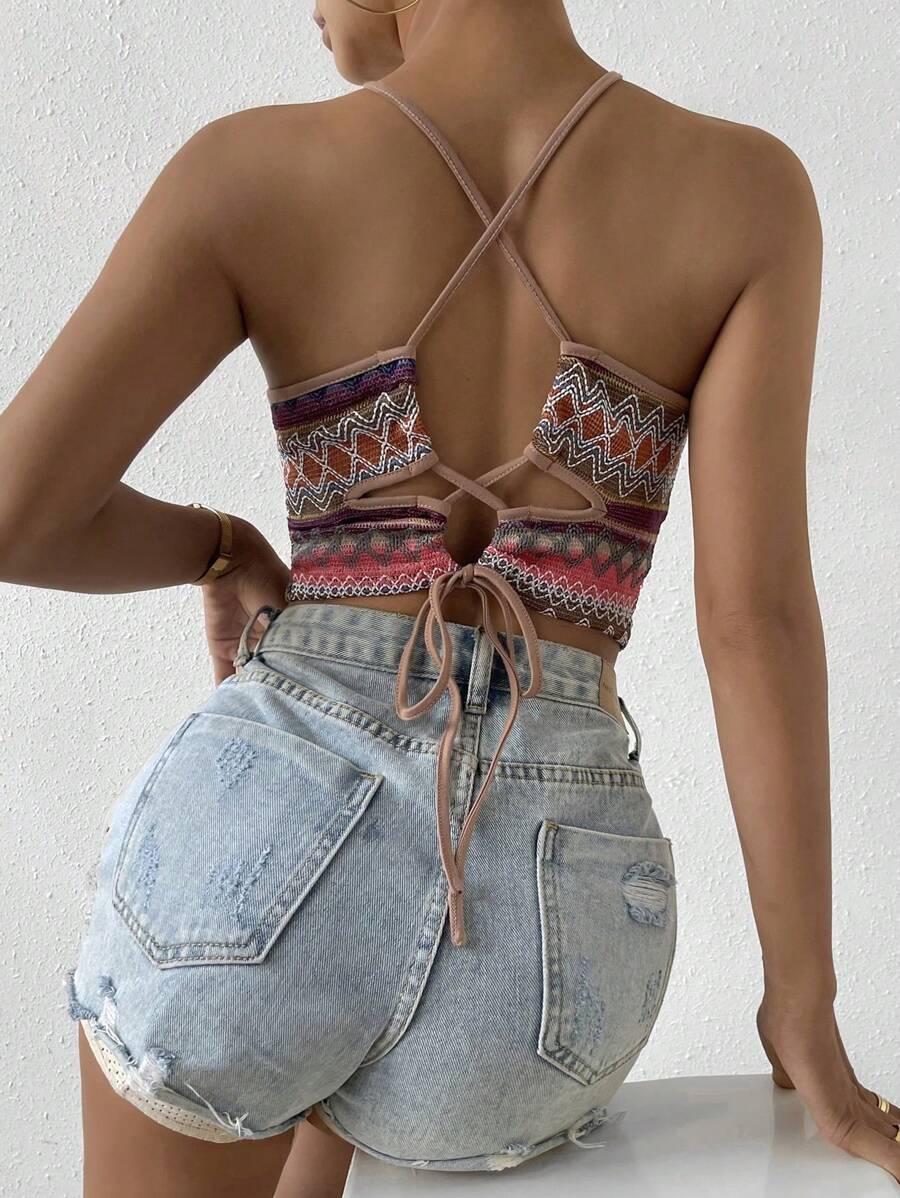 Breezaya Áo hai dây hở lưng in họa tiết hoa ngẫu nhiên ôm vừa vặn cho nữ - Nhiều màu - Xem 1