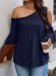 Calvaya 大码纯色斜领长袖不对称领口简约运动衫，日常休闲穿着 - 藏蓝色 - 查看 3