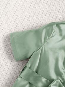 SHEIN 新生女孩柔软纯色缎面长袍带领带 - 薄荷綠 - 查看 4