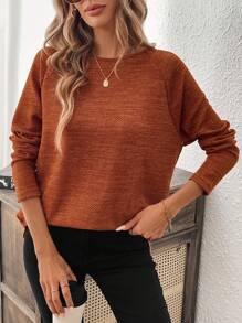 SHEIN LUNE 春季纯色插肩袖T恤，休闲款 - 鏽棕色 - 查看 6