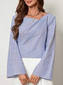 SHEIN Privé Blusa casual con cuello asimétrico minimalista de manga larga para mujeres