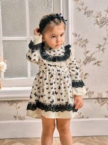 SHEIN Vestido de manga larga con estampado de mariposas, ribete de encaje floral vintage elegante para bebé niña, primavera y otoño - Negro - Ver 6