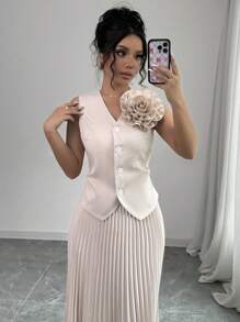 Chiquease 2pcs Women's Fall 3D Flower Embellished Sleeveless Vest And A-Line Pleated Skirt Suit Set