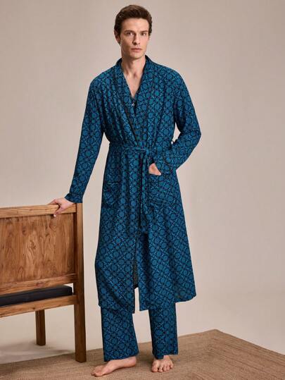 EverLounge Men's Full Print Long Sleeve Drawstring Bathrobe