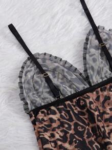 Snug Zone 2pcs Set Contrast Ruffle Trim Leopard Print Camisole And Pants Bridallingerie - White - View 4