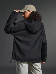 Exploreva Solid Color Front Zip Up Letter Printed Minimalist Sports Jacket, Casual Daily Wear