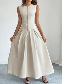 Firerie Vestido de mujer elegante con cuello redondo, sin mangas, con cremallera delantera y vuelo