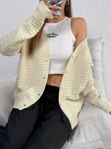 SHEIN Unity 女士 V 领纽扣长袖休闲精致优雅开衫 - 杏色 - 查看 5