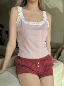 Muchica 女士方领撞色蕾丝细肩带可爱短款背心 - 粉色 - 查看 6