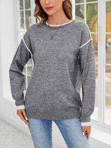 EMERY ROSE Women's Solid Color Patchwork Minimalist Long Sleeve Crew Neck Sweater, Casual Daily Wear