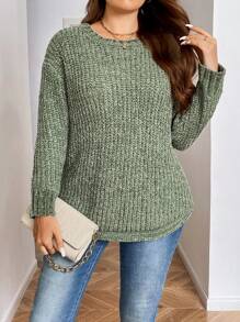 Calvaya 大码女式纯色简约圆领长袖针织套头衫，秋冬款 - 綠色 - 查看 2