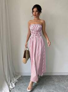 Chiquease Women Vacation Strapless  Striped Shirred Dress - Dusty Pink - View 4