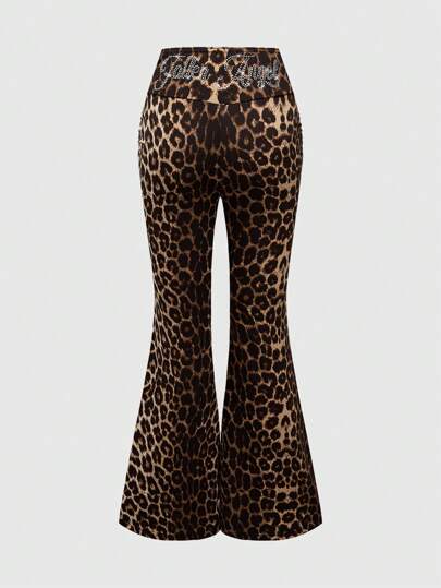 J-Fashion Pantalon vintage taille basse pour femmes, imprimé léopard avec strass, coupe en v à la taille