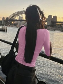 DAZY Áo thun dài tay đơn giản màu trơn dành cho nữ - Hồng - Xem 2