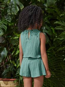 SHEIN 2pcs/Set Young Girl Woven Solid Color Crew Neck Sleeveless Top And Woven Solid Color Loose Shorts Set Green Dress Kids Girl