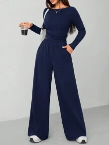 SHEIN PETITE Autumn And Winter Women's Knitted Slim Top + Wide Leg Pants Casual And Comfortable Home Dark Gray Two Pieces Set - Navy Blue - View 3