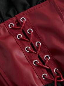 SHEIN MOD 大码女式春夏拼布索环系带荷叶边优雅连衣裙 - 黑色 - 查看 3